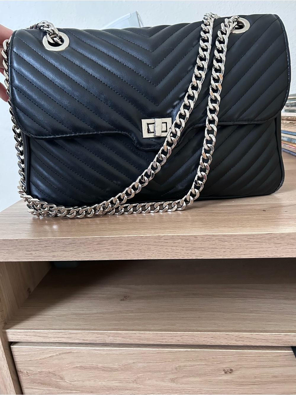 Steve Madden Black Quilted Shoulder Bag with Silver Chain